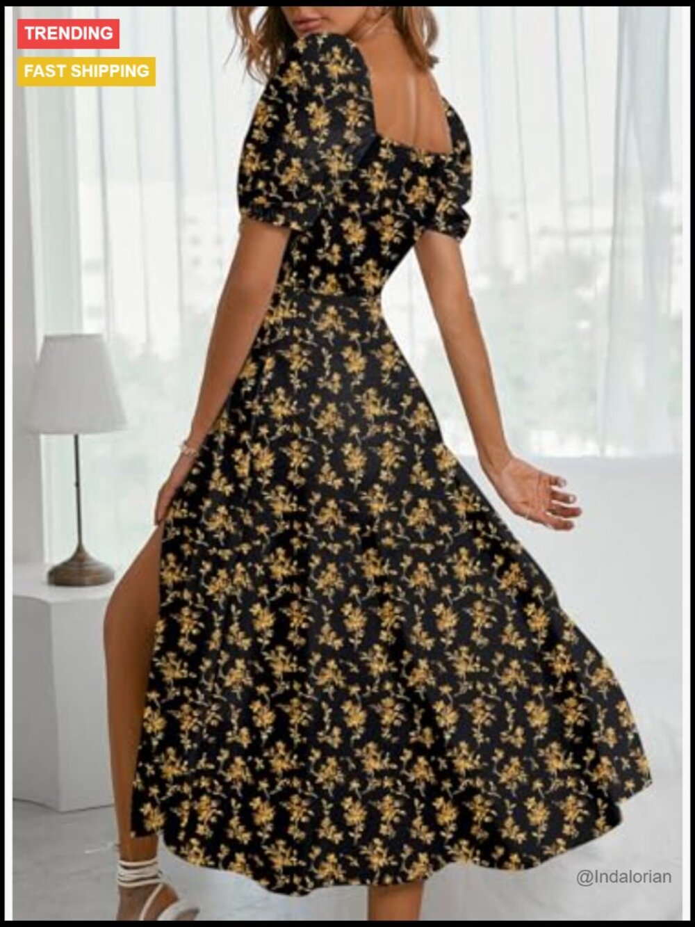 High Waist A-Line Midi Dress with Side Split and Tie Front - Picture 3 of 7